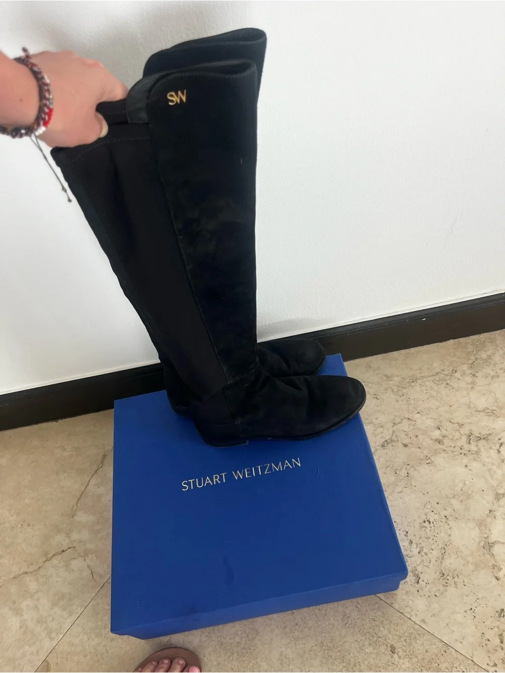 Stuart Weitzman Black Over-The-Knee Suede Boots with Gold SW Accent